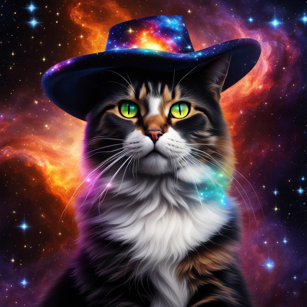 Calico Cat Wizard Casting Spells in Starry Galaxy