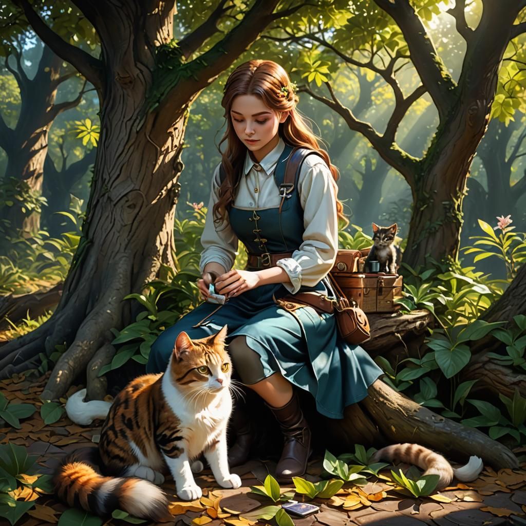 Lily Caring for Injured Cat: Detailed Matte Painting