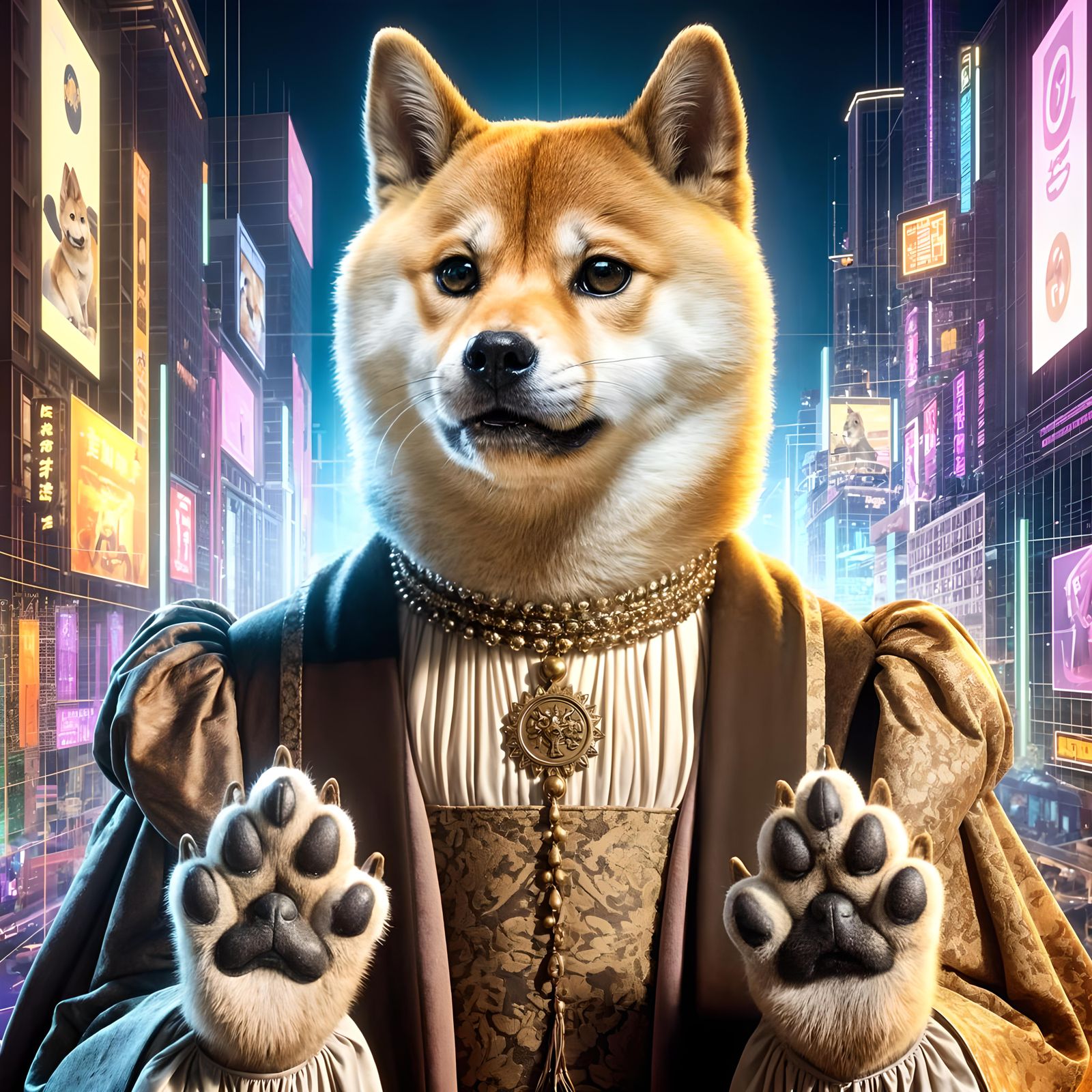 Renaissance Shiba Inu in Futuristic Cityscape