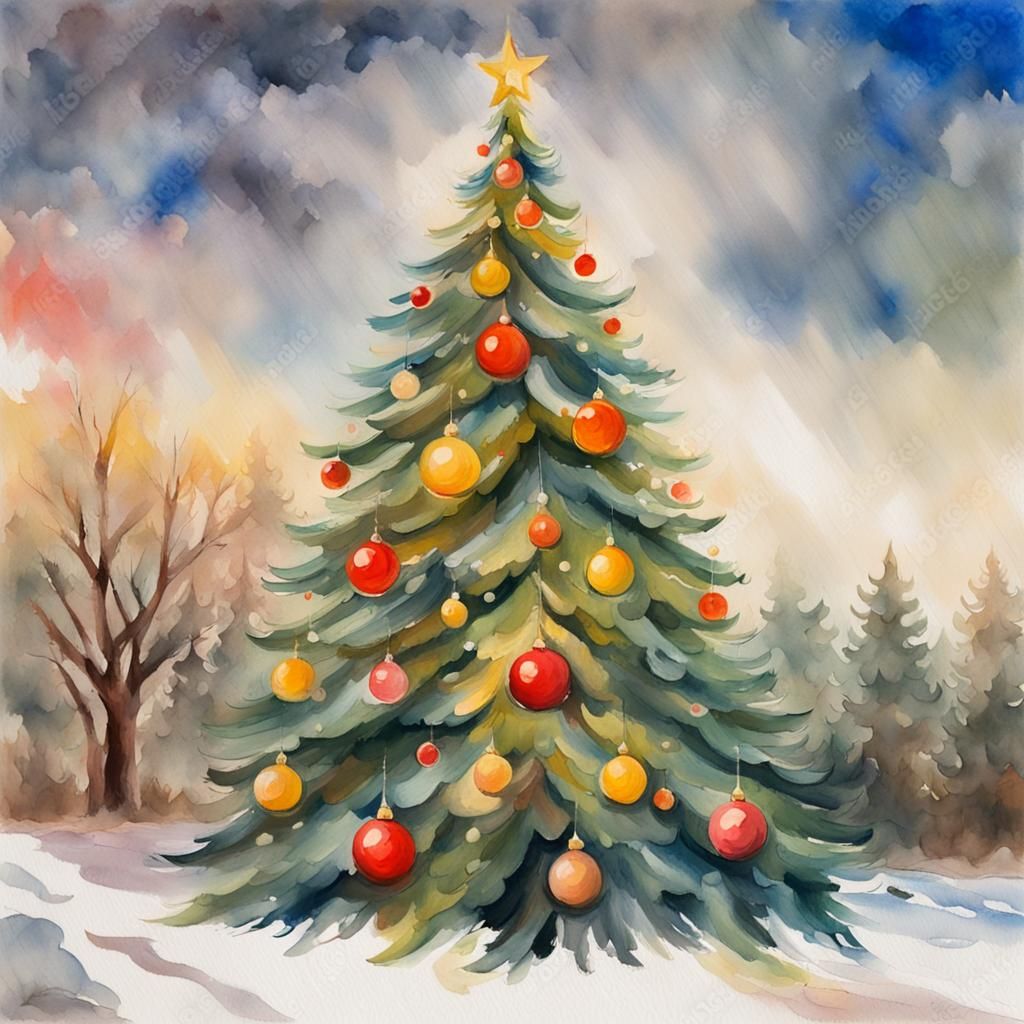 Impressionist Christmas Tree Gouache Watercolor Painting