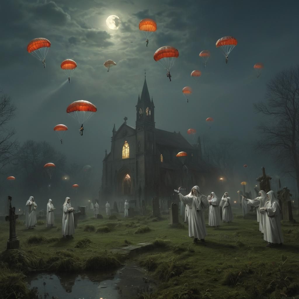 Skydiving Zombie Clown Nuns in Graveyard, Photorealism