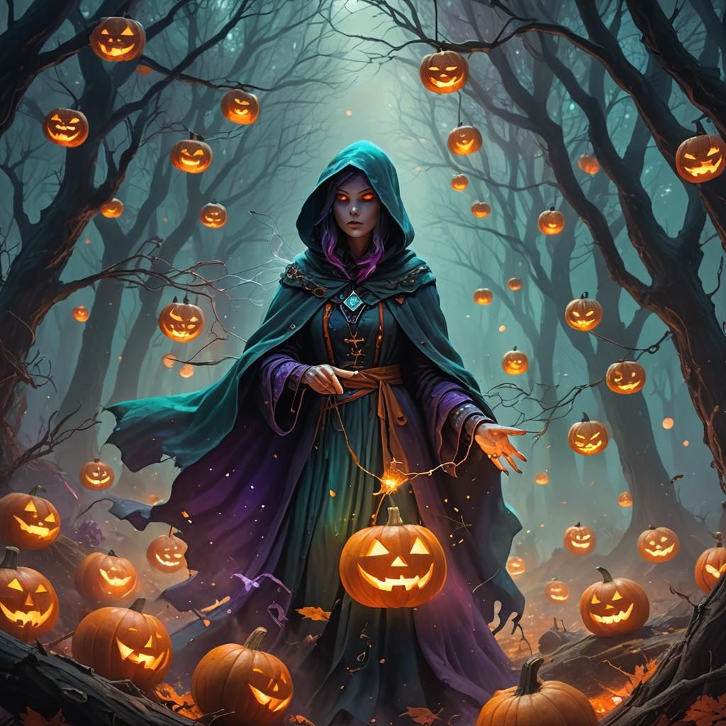 Sorceress Casting Spell in Autumn Forest: Fantasy Art