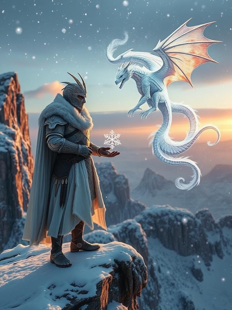Warrior with Snowflake and Dragon in Winter Landscape