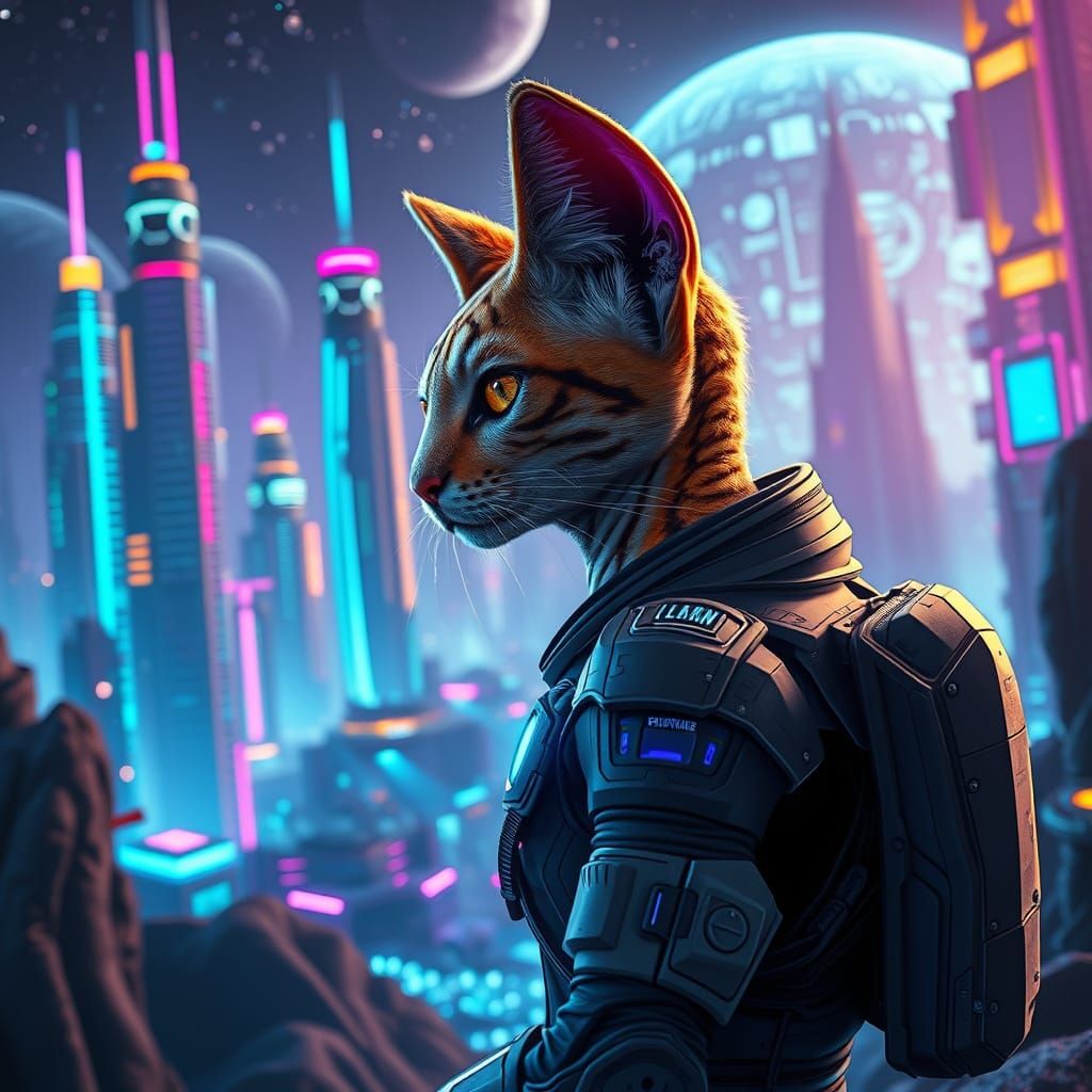 Futuristic Alien Cat in Neon Cityscape
