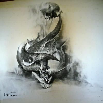 Detailed Dragon Skull Charcoal Drawing