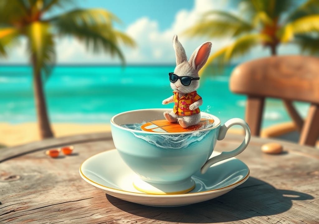 Rabbit Surfing in Teacup: Whimsical Hand-Painted Animation
