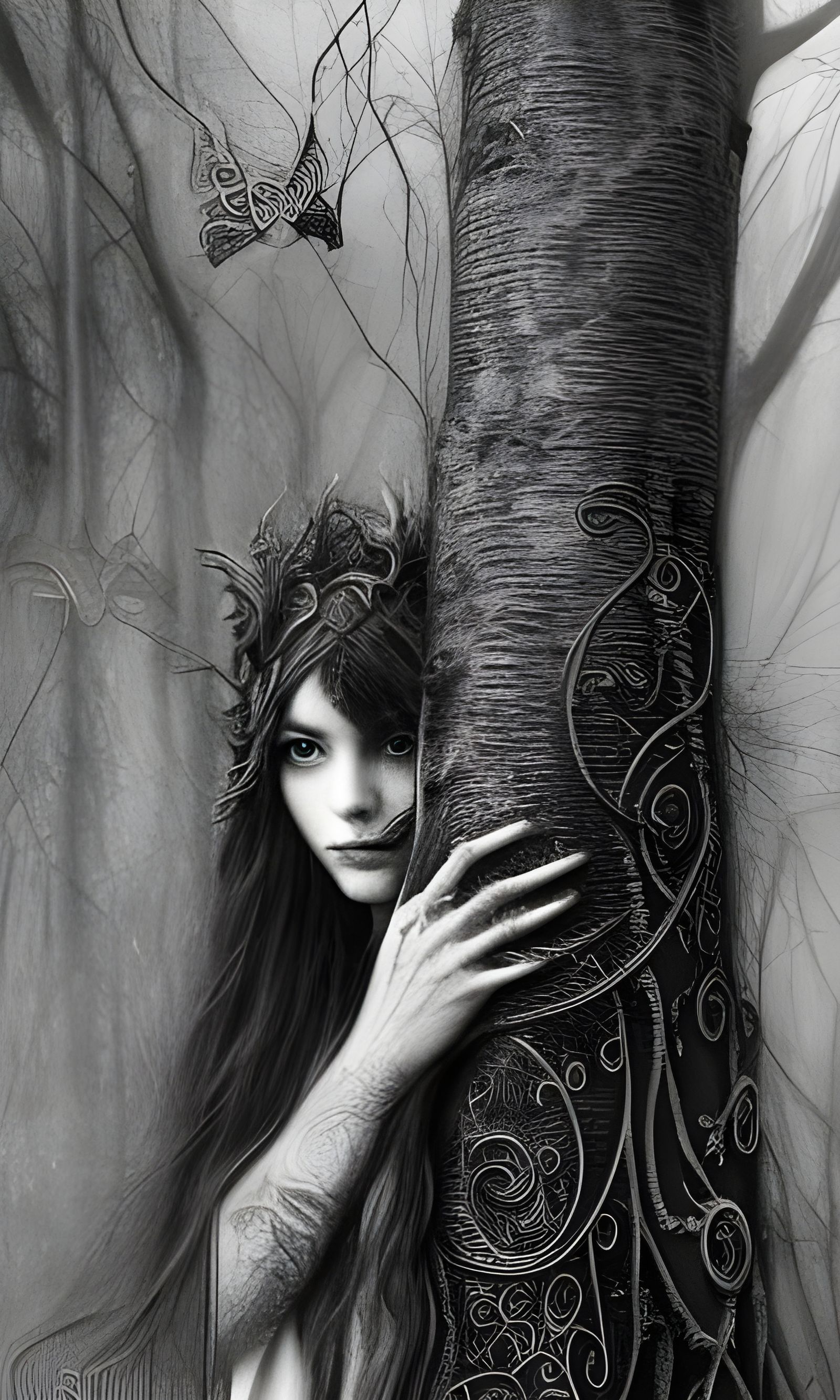 Gothic Beauty Charcoal Drawing with Runes