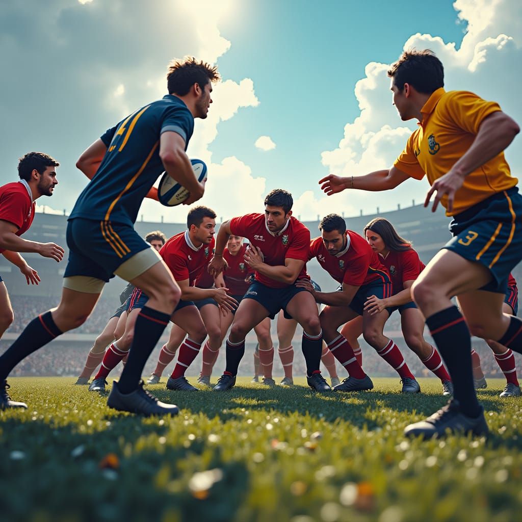 Rugby Scrum: Tense Moment in Digital Painting Style