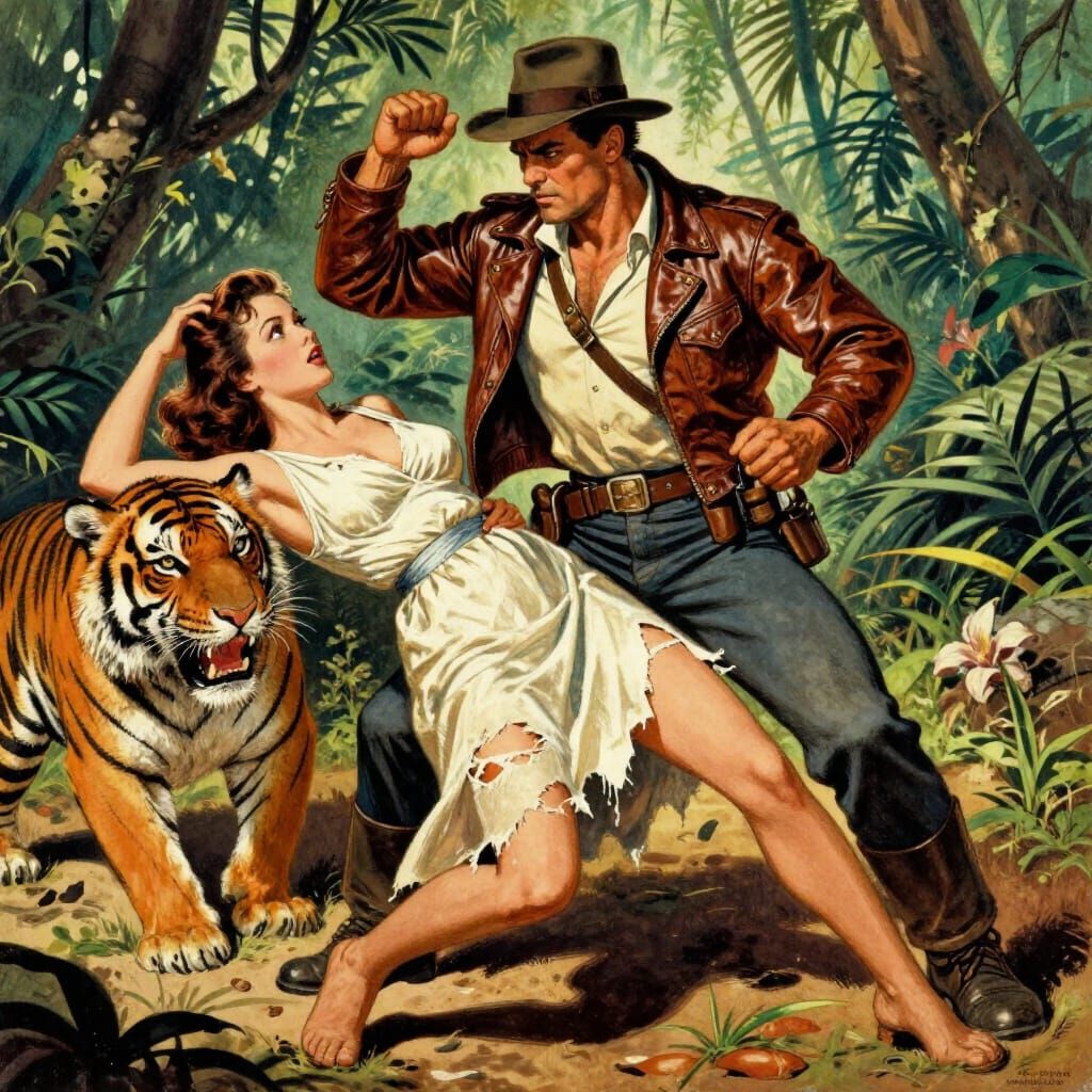 Adventurer Defends Damsel From Tiger Pulp Art
