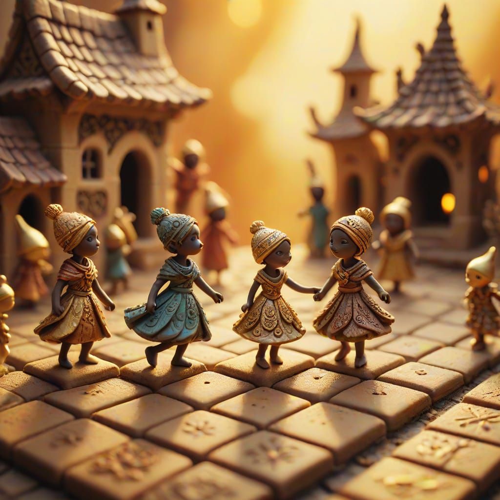 Whimsical Clay Figures Play in Golden Light