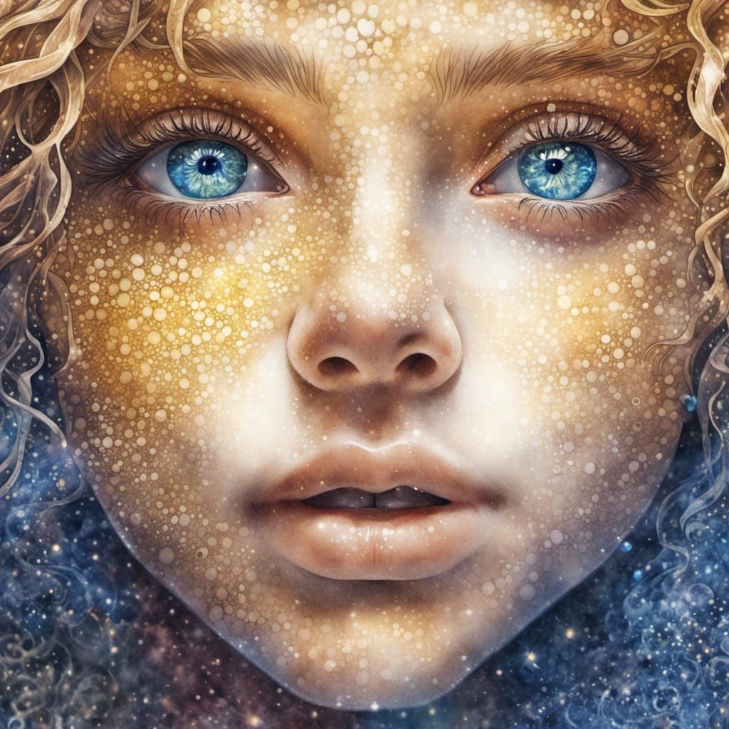 Sparkling Fractal Face in Pointillism Watercolor Style