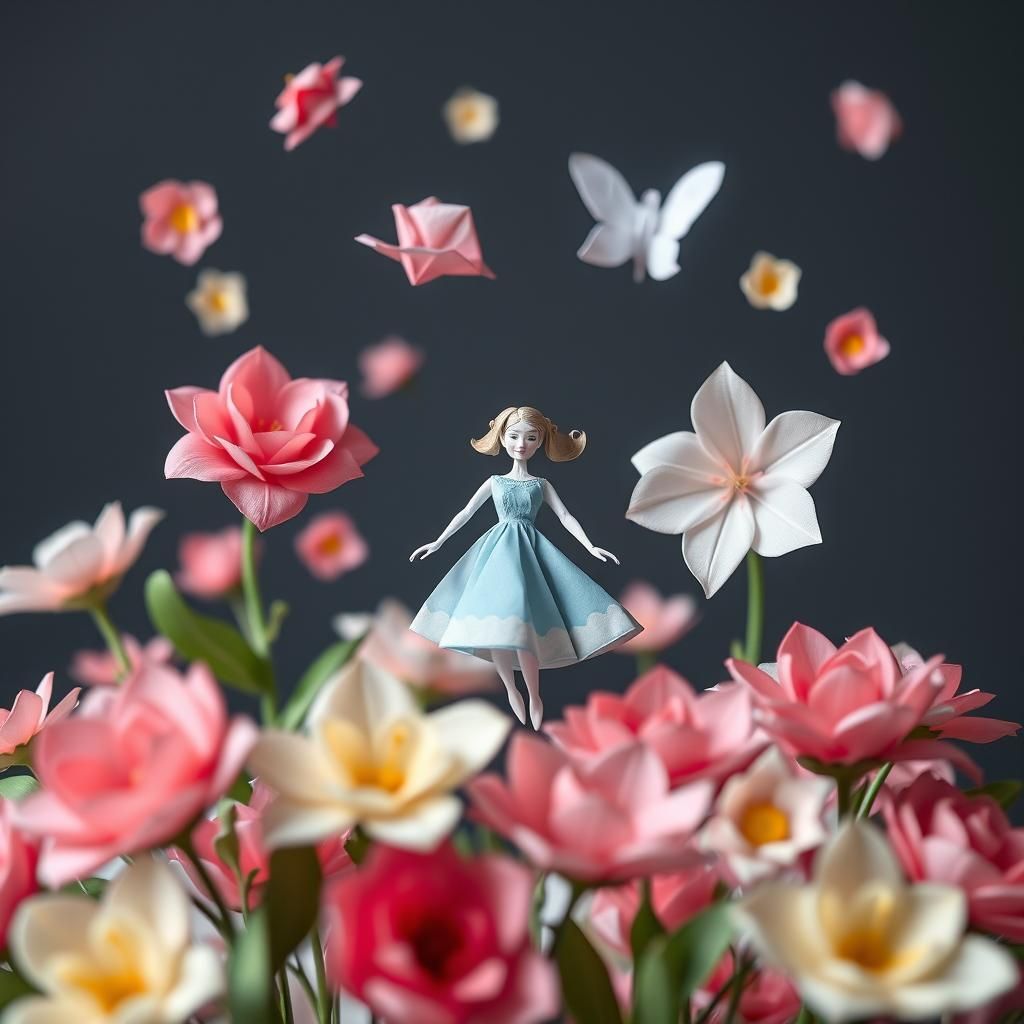 Paper Doll Surrounded by Origami Flowers