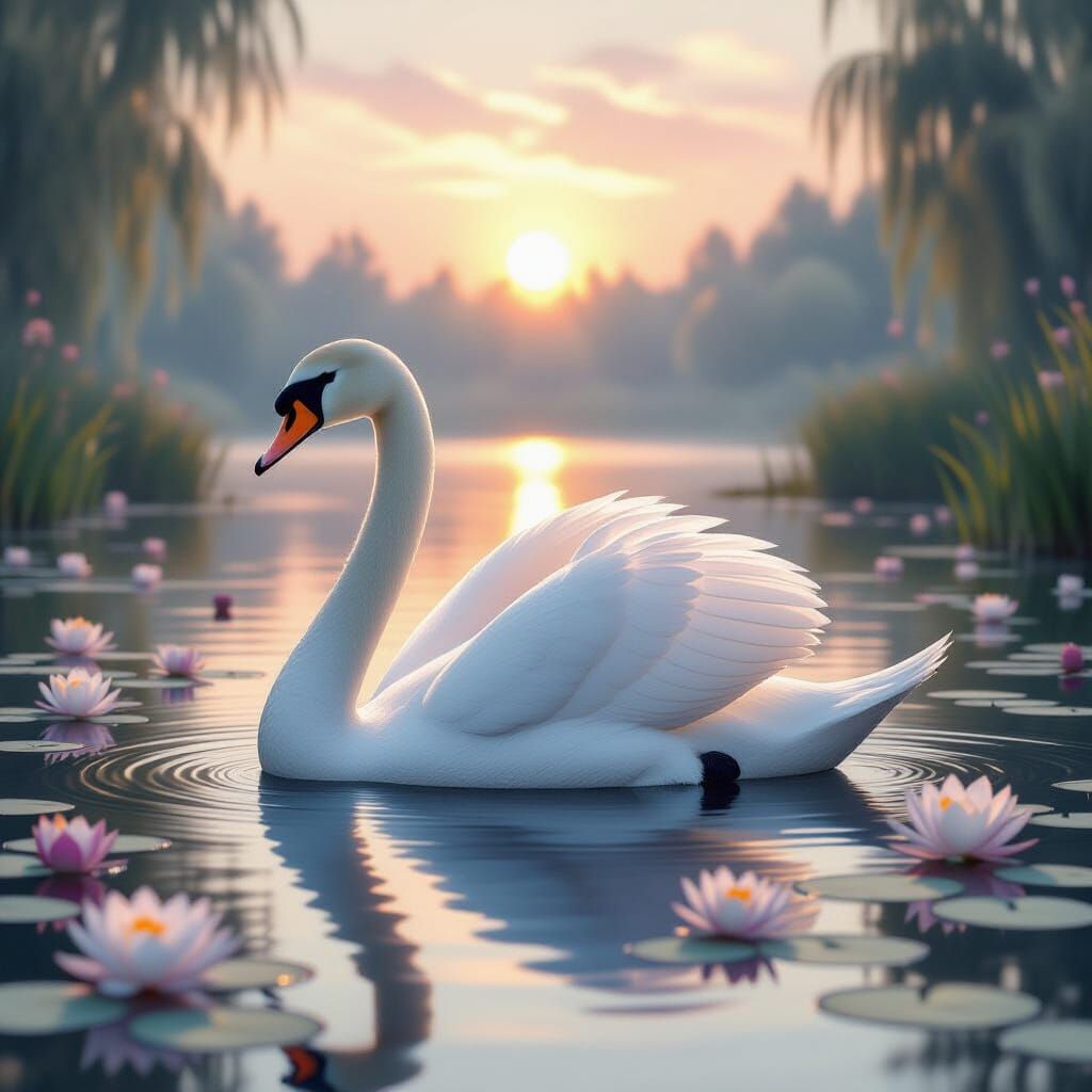 Majestic Swan on Tranquil Lake at Dawn in Art Nouveau Style