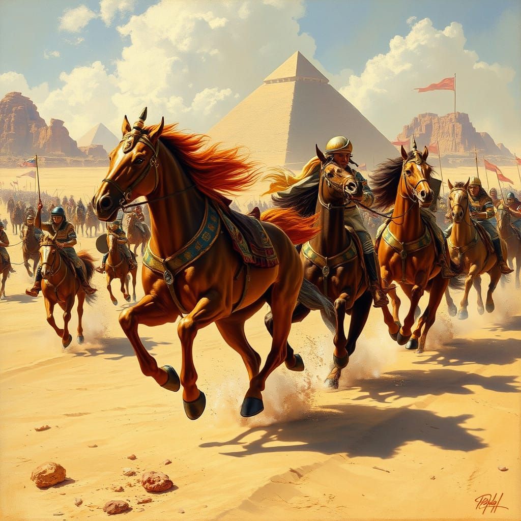 Majestic Horses and Chariots in Ancient Egyptian Pursuit