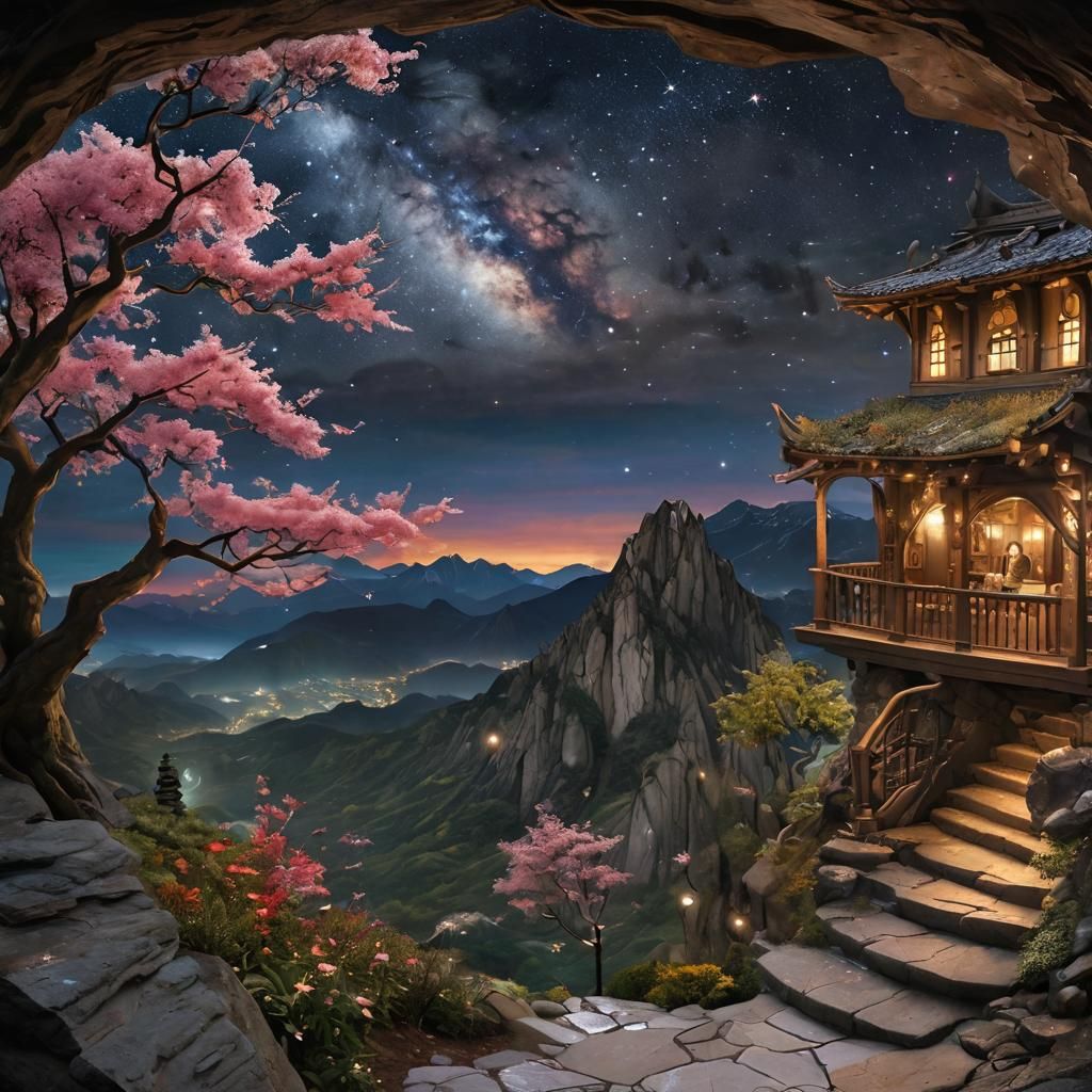 Fantasy Nightscape with Sakura, Japanese Art Style