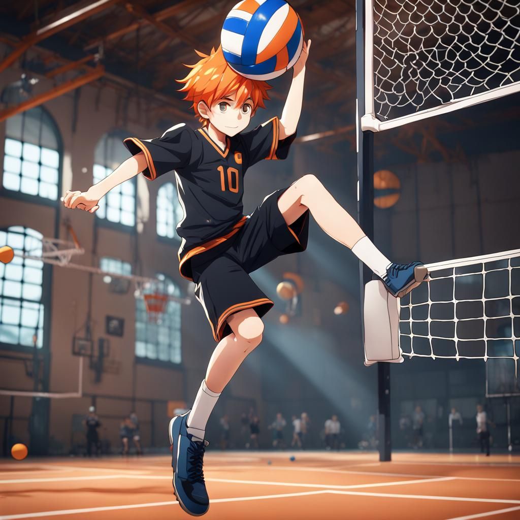 Anime Boy Volleyball Player in Gym, Digital Art