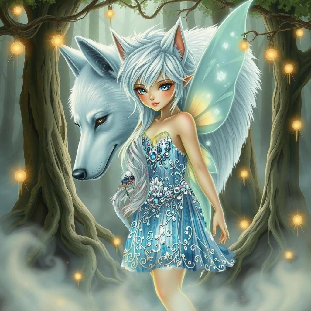 Ethereal Fairy Girl with Wolf Companion