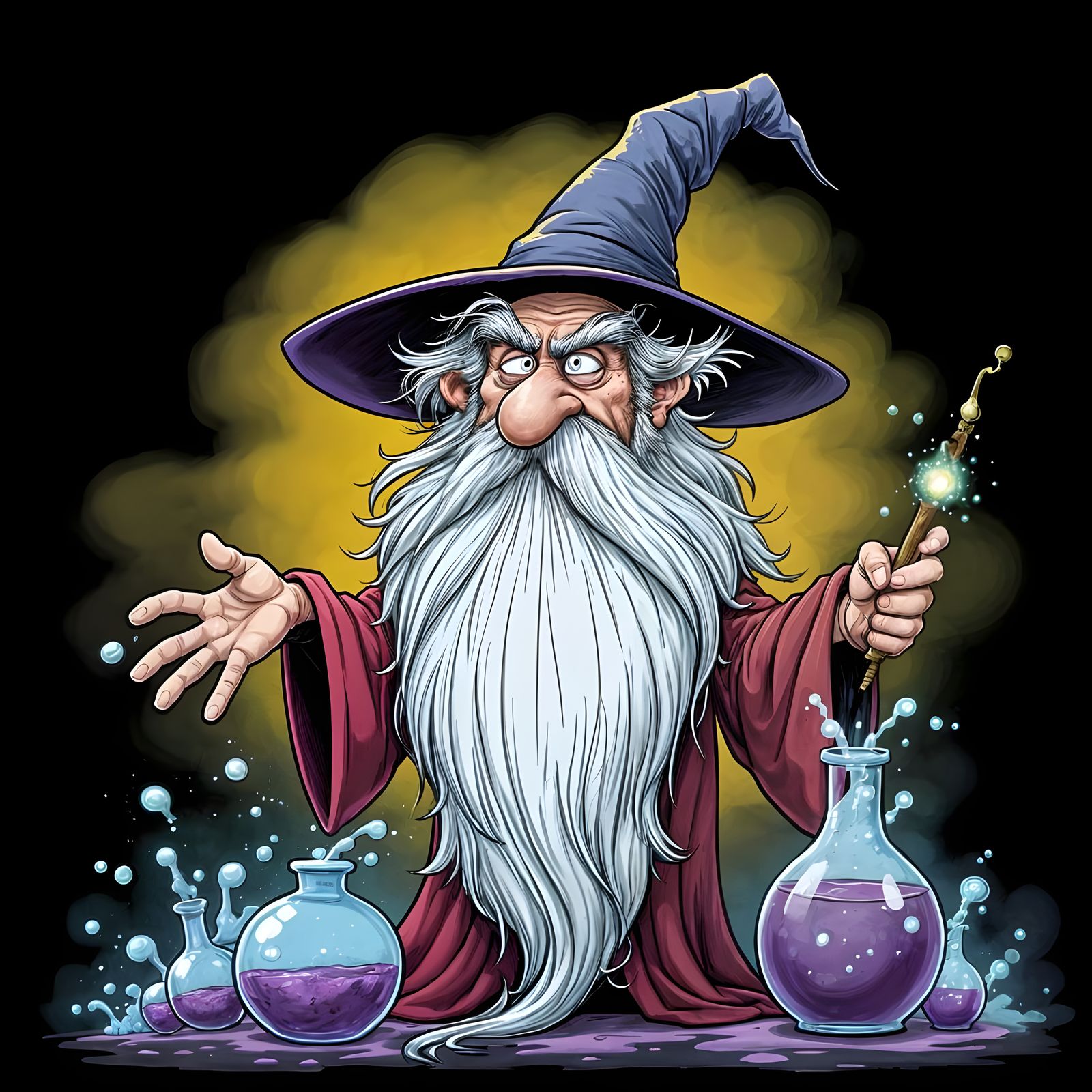 Grumpy Wizard Casting Spell with Long Beard and Big Hat
