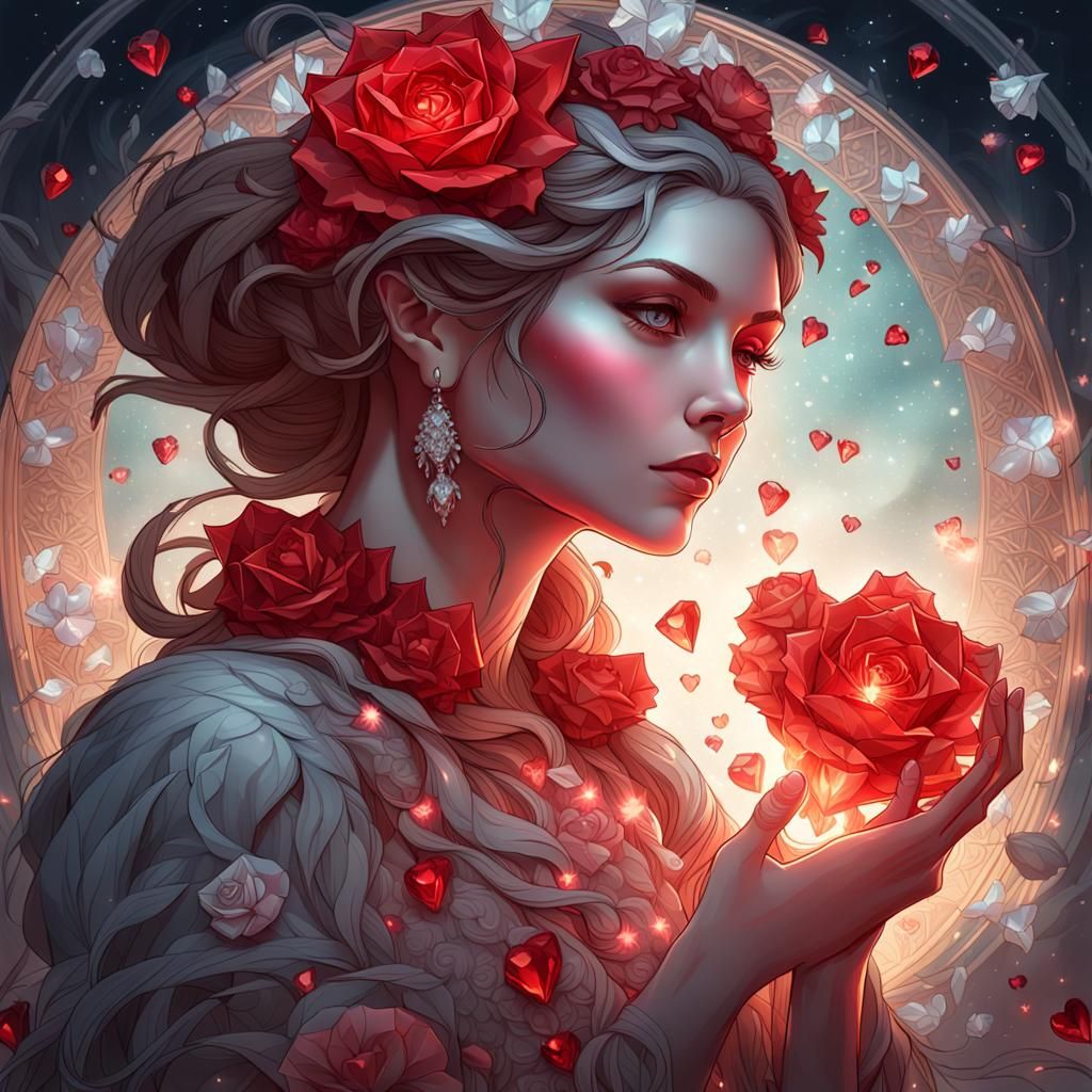 Ethereal Woman with Crystal Heart and Roses