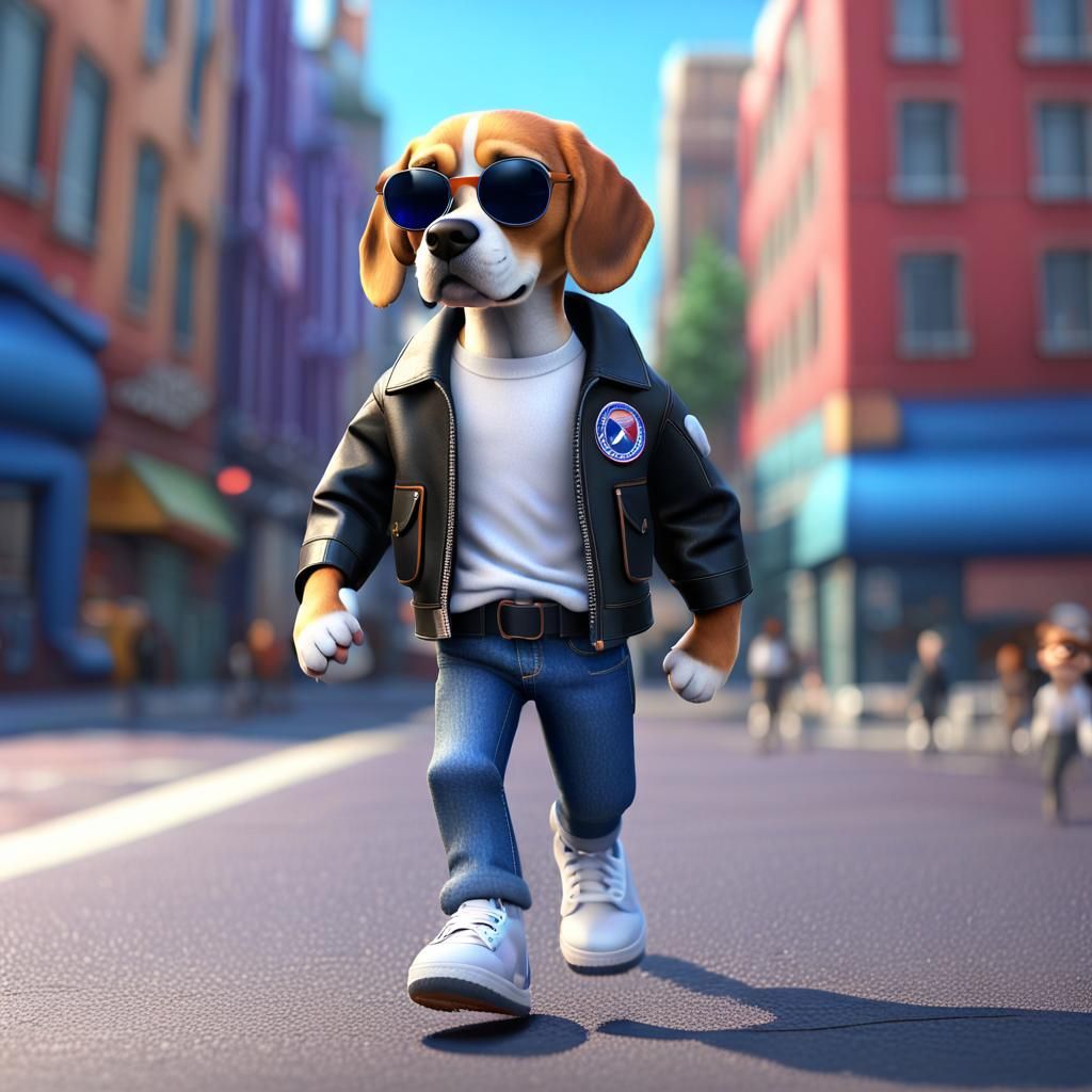Cool Beagle in Shades Walking in City: 3D Digital Art