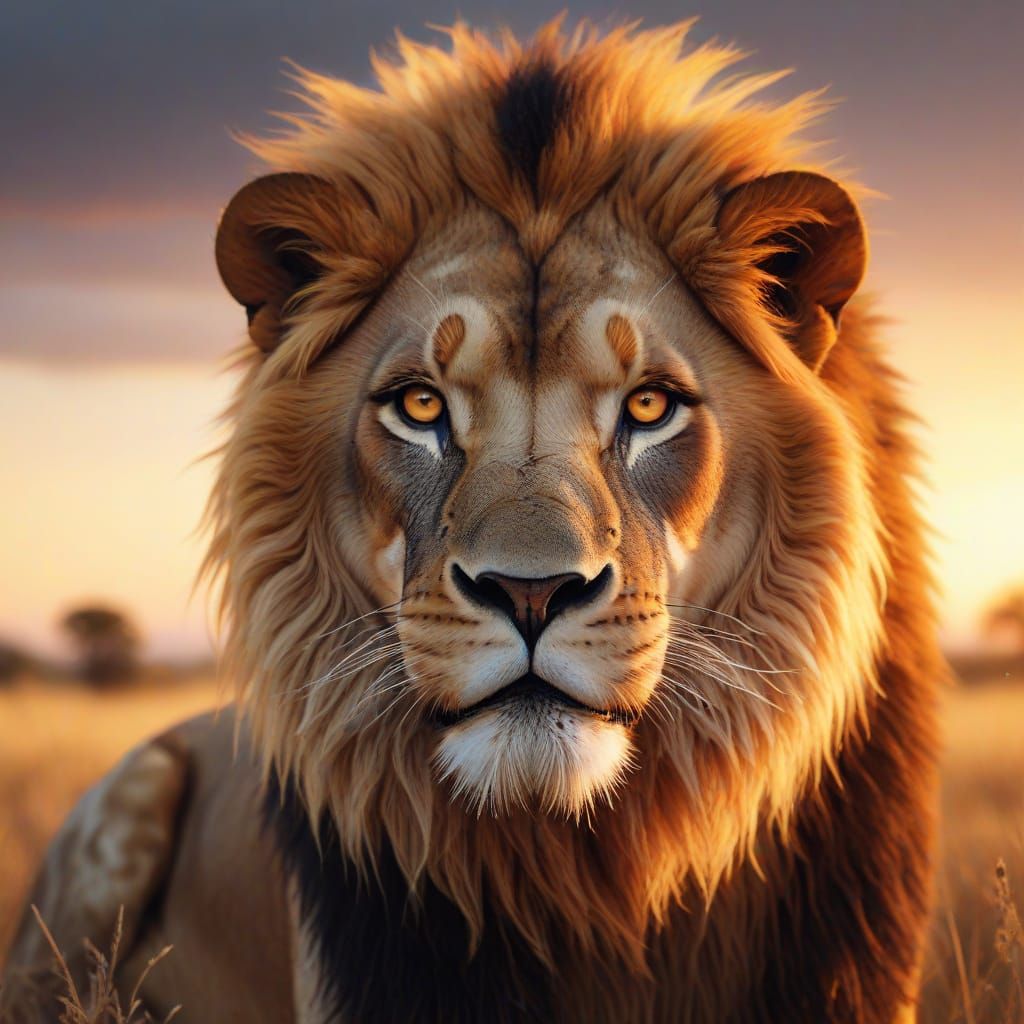 Fiery Lion's Ethereal Portrait in Sunset Savanna
