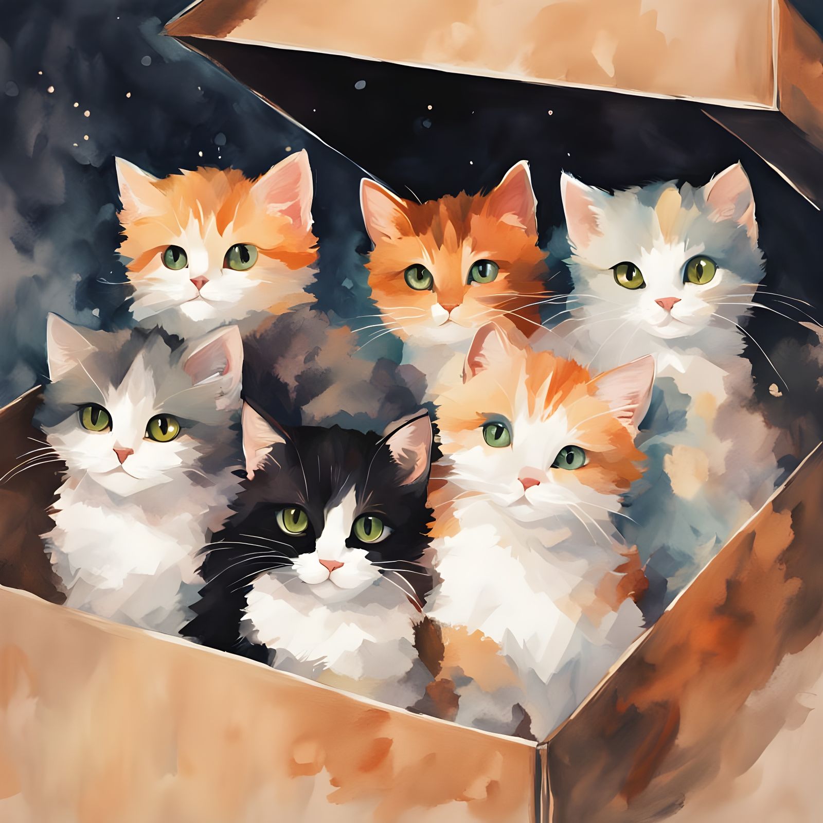 Cozy Kittens in Cardboard Box, Watercolor Style