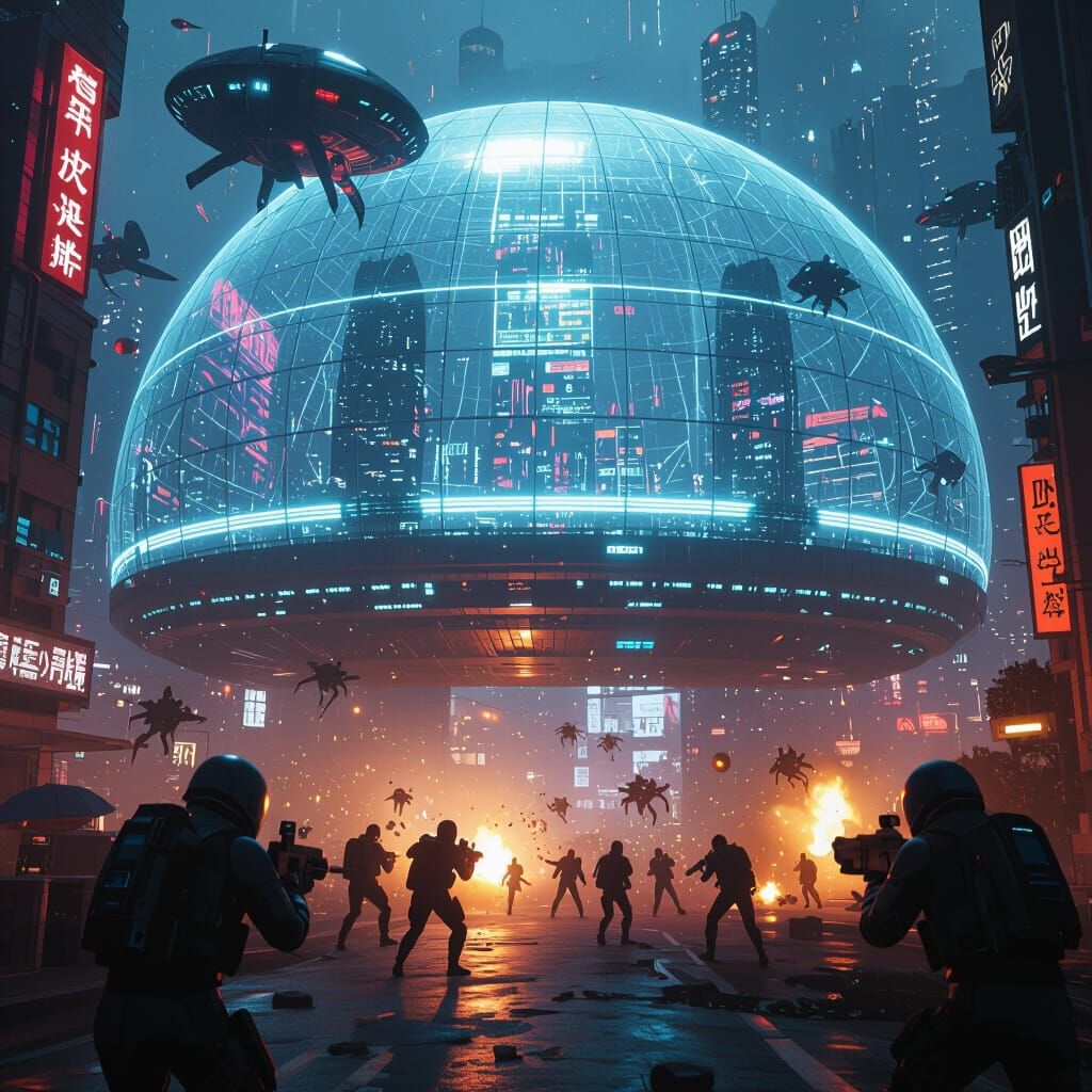 Cyberpunk Metropolis Shielded from Alien Swarm