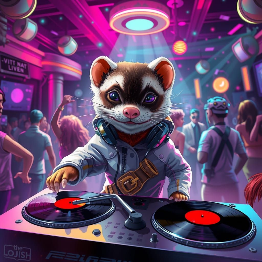 Trendy Ferret DJ in Neon Nightclub, Futuristic Style