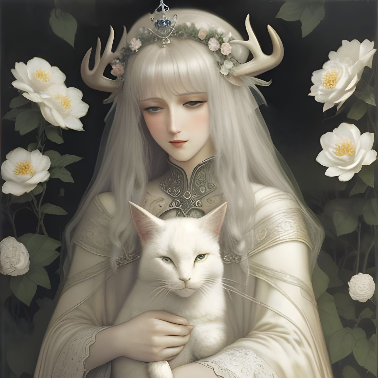 Waif Girl with Cat and Antlers in Moody Chiaroscuro