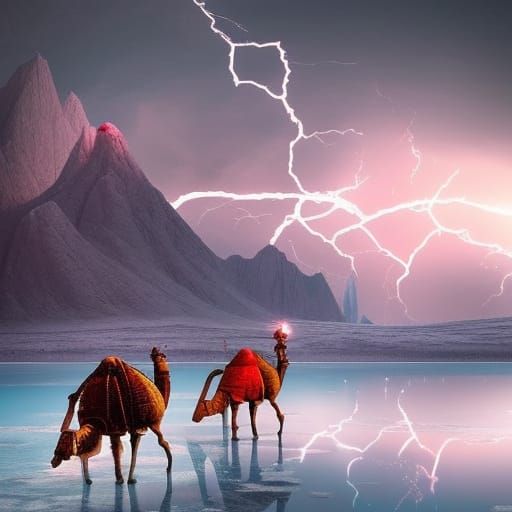 Surreal Camel Walks on Frozen Lightning Lake