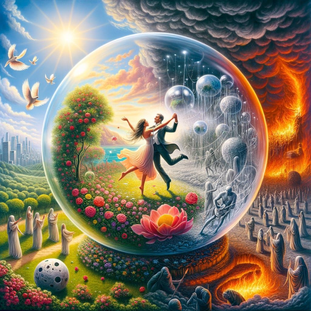 Couple in Serene Crystal Paradise, Ignoring the Fiery Chaos ...