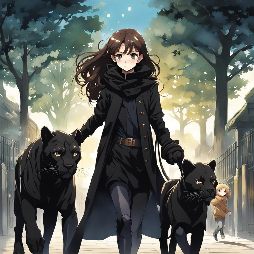 Woman with Black Panther in Anime Style