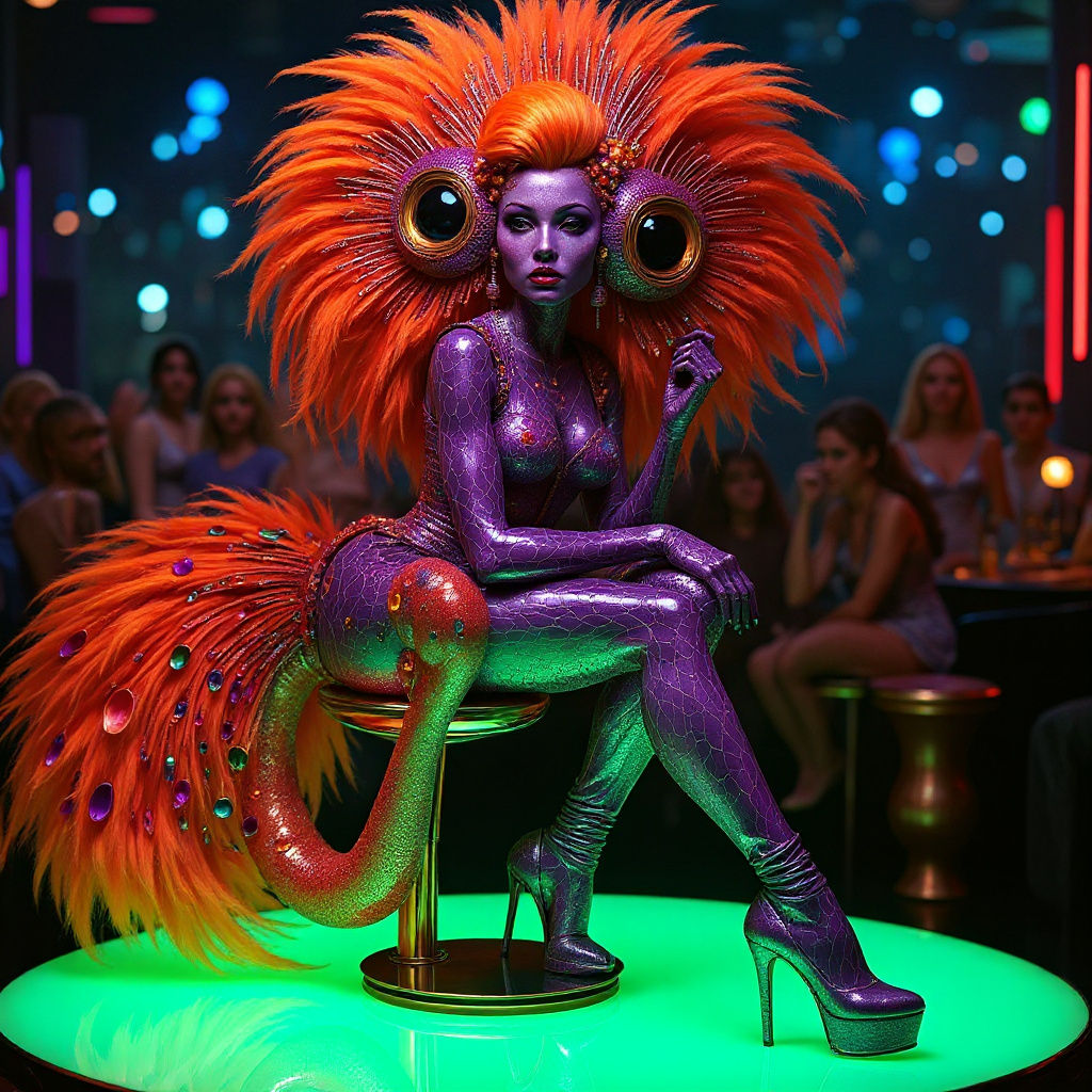 Alien Showgirl with Peacock Tail in Cyberpunk Style