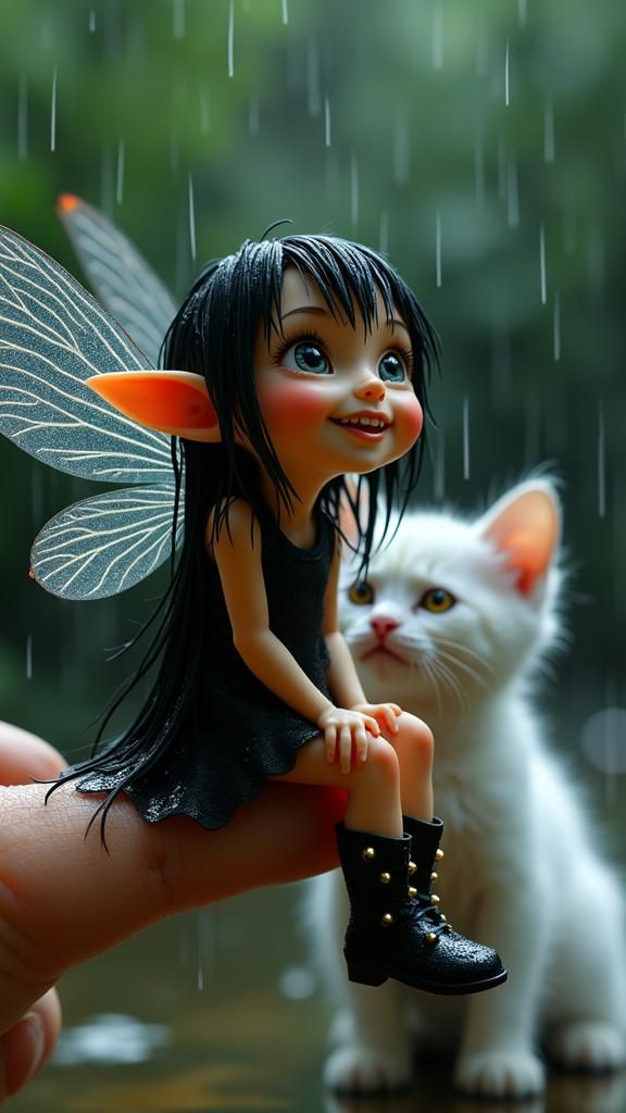 Laughing Fairy on Finger in Macro Photorealistic Detail