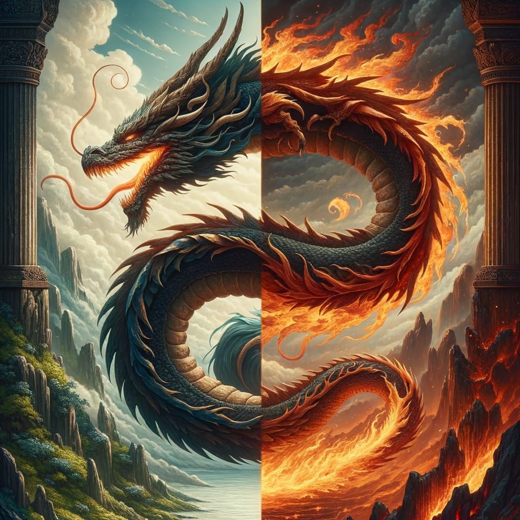 A portrait of a mythical dragon, split down the middle. On t...