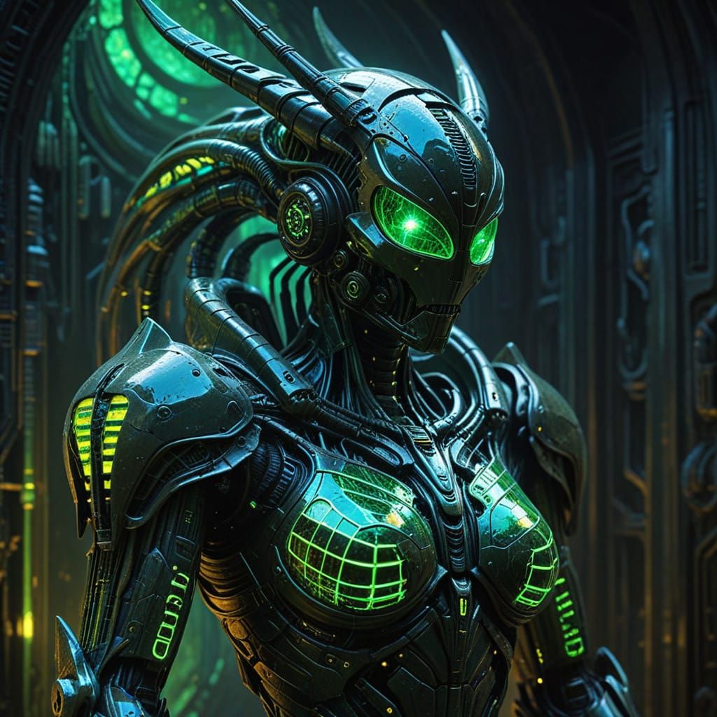 Cyberpunk Mecha Queenbee Rises from Toxic Honeycomb