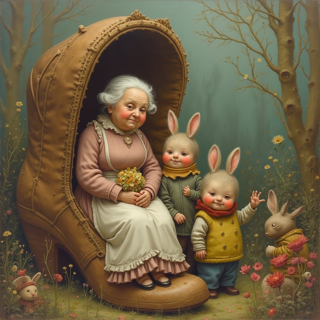 Family in a Shoe: Whimsical Vintage Illustration