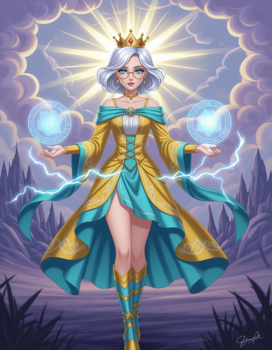 Elegant Woman in Windswept Fantasy Landscape, Anime Art Deco