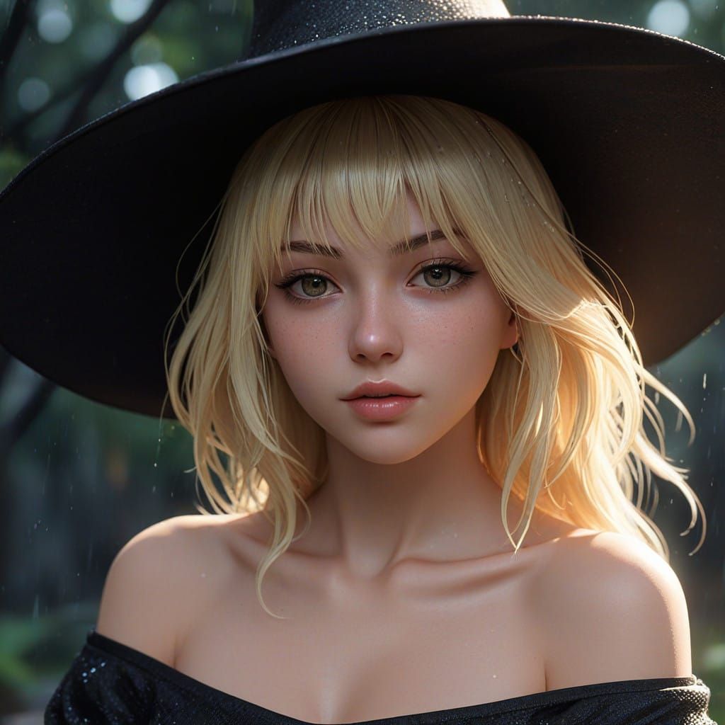 Ethereal Young Witch Captured in Rainy Midnight