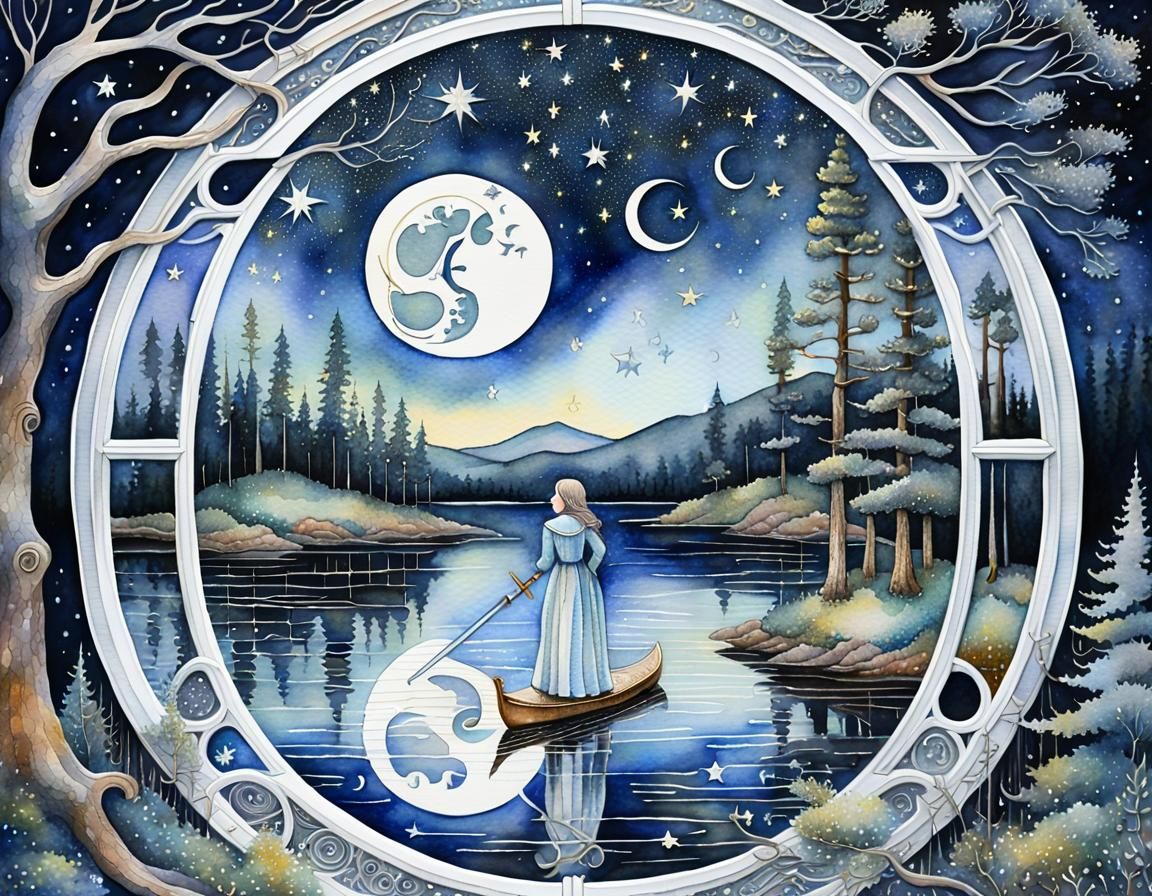 Ethereal Lady of the Lake Pointillist Painting