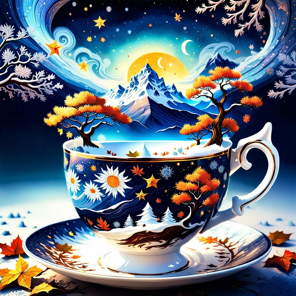 Four Seasons Teacup: Fantasy Digital Art