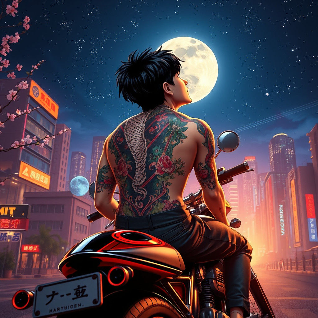 Japanese Biker in Cityscape Under Moonlight