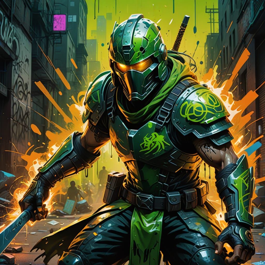 Energetic Street Warrior Graffiti in Vibrant Green and Color...