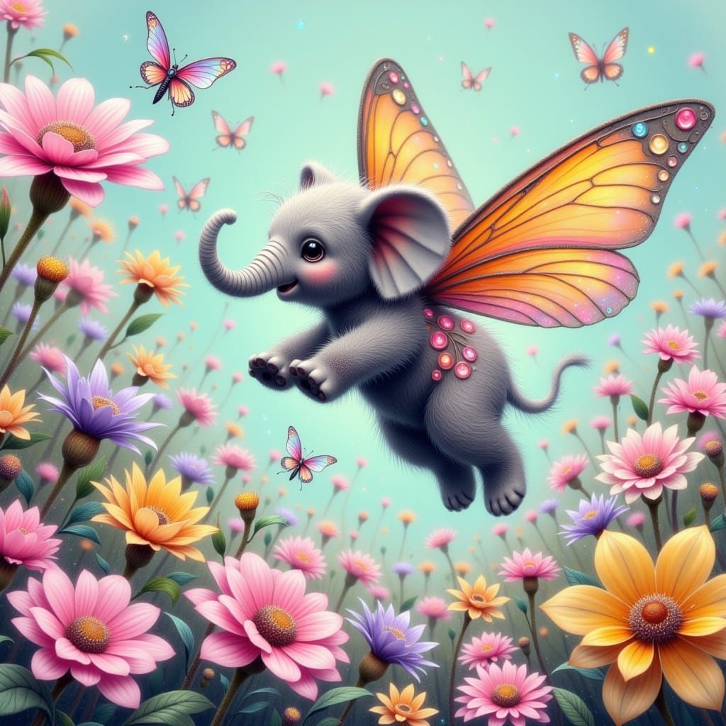 Whimsical Fairy Punk Elephants Soar Amidst Vibrant Garden Bl...