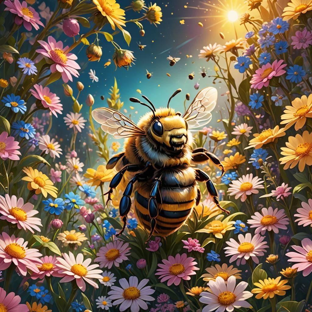 Cute Bee in Whimsical Garden, Fantasy Concept Art