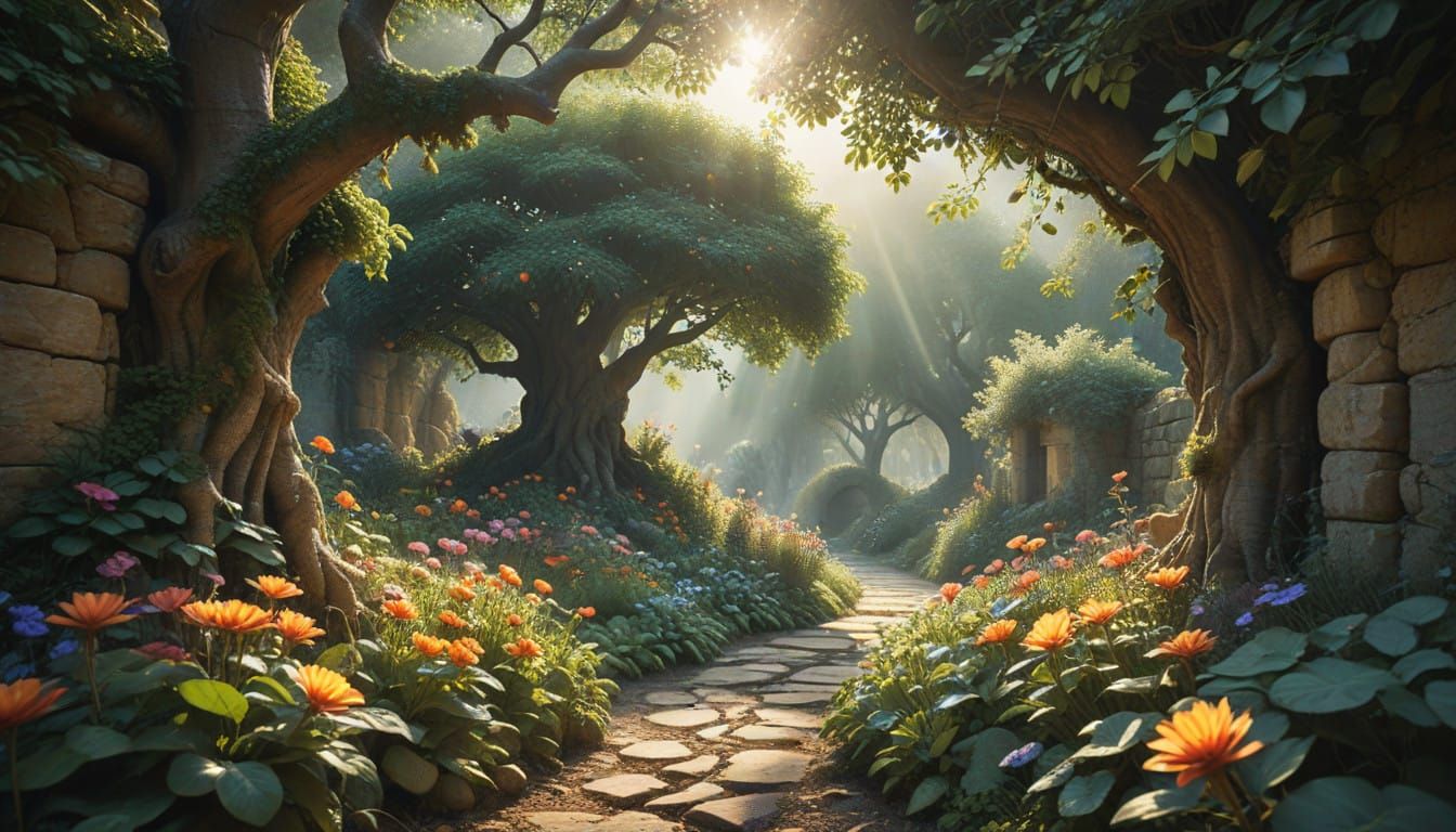 Secret Garden in Vibrant Bloom as Photorealistic Art