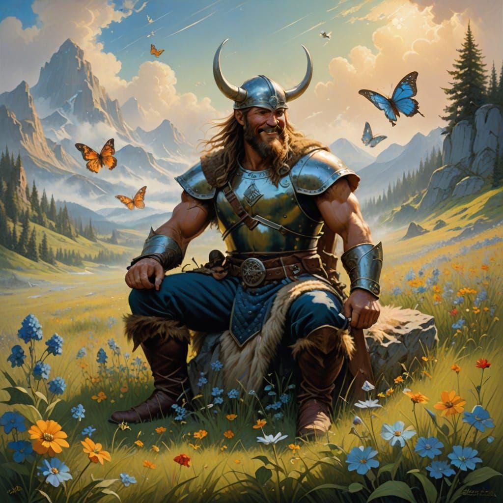 Viking Warrior in Enchanted Meadow, Hyperdetailed Fantasy Ar...