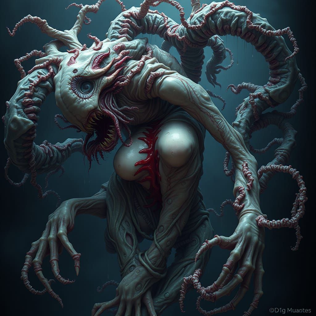 Grotesque Biomechanical Entity in Abyssal Horror Style