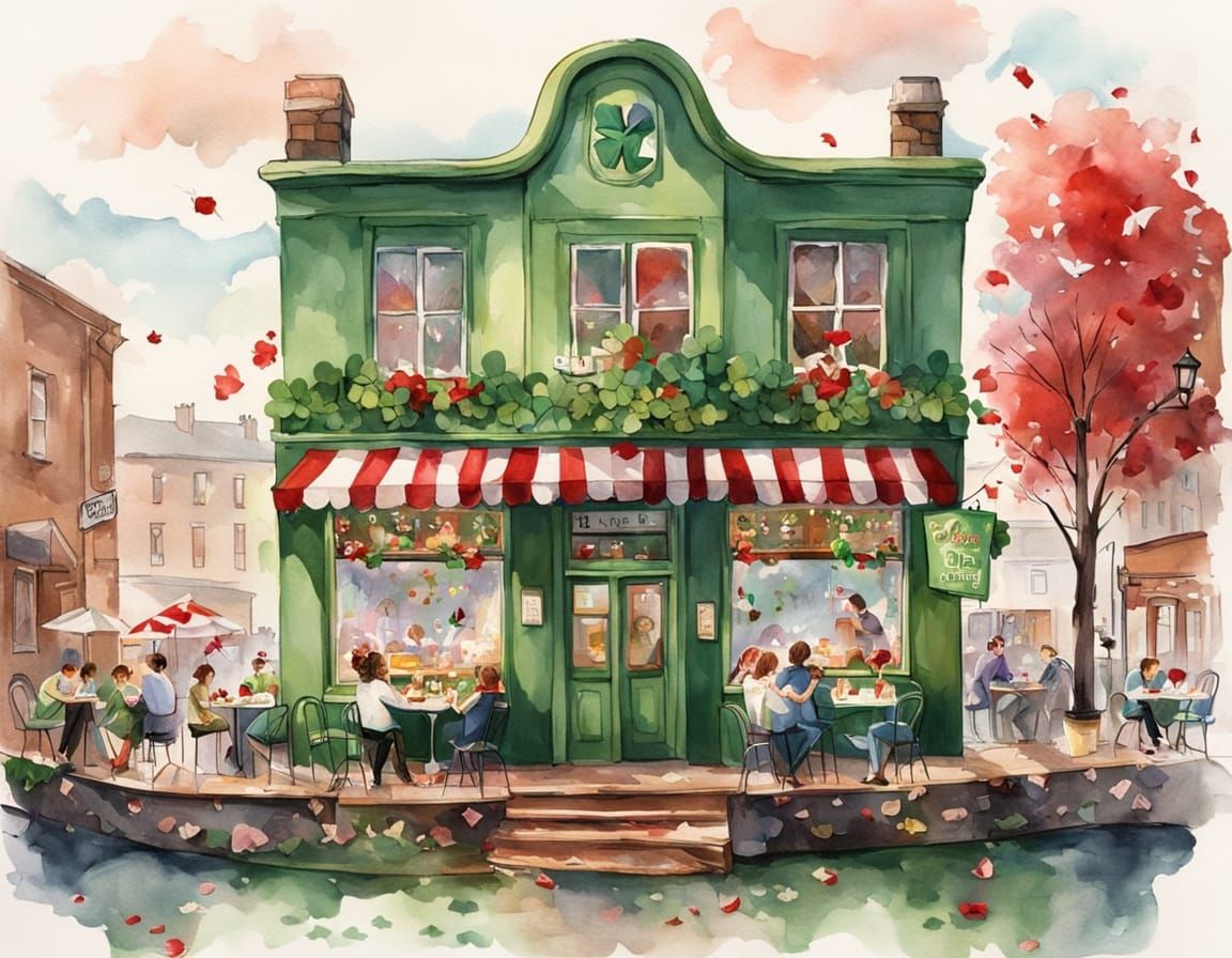 Whimsical Irish Cafe Scene in Watercolor Style