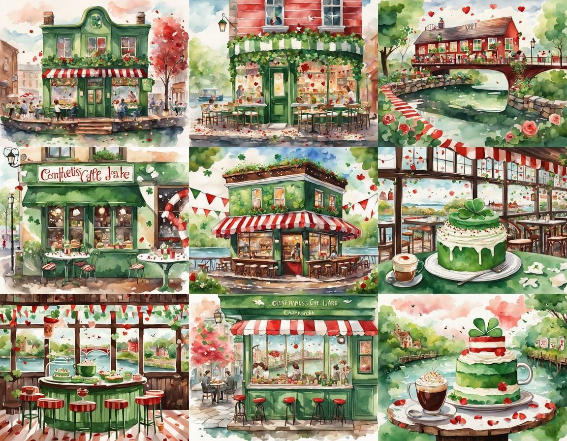 Vibrant Irish Cafe Scene in Watercolor Style
